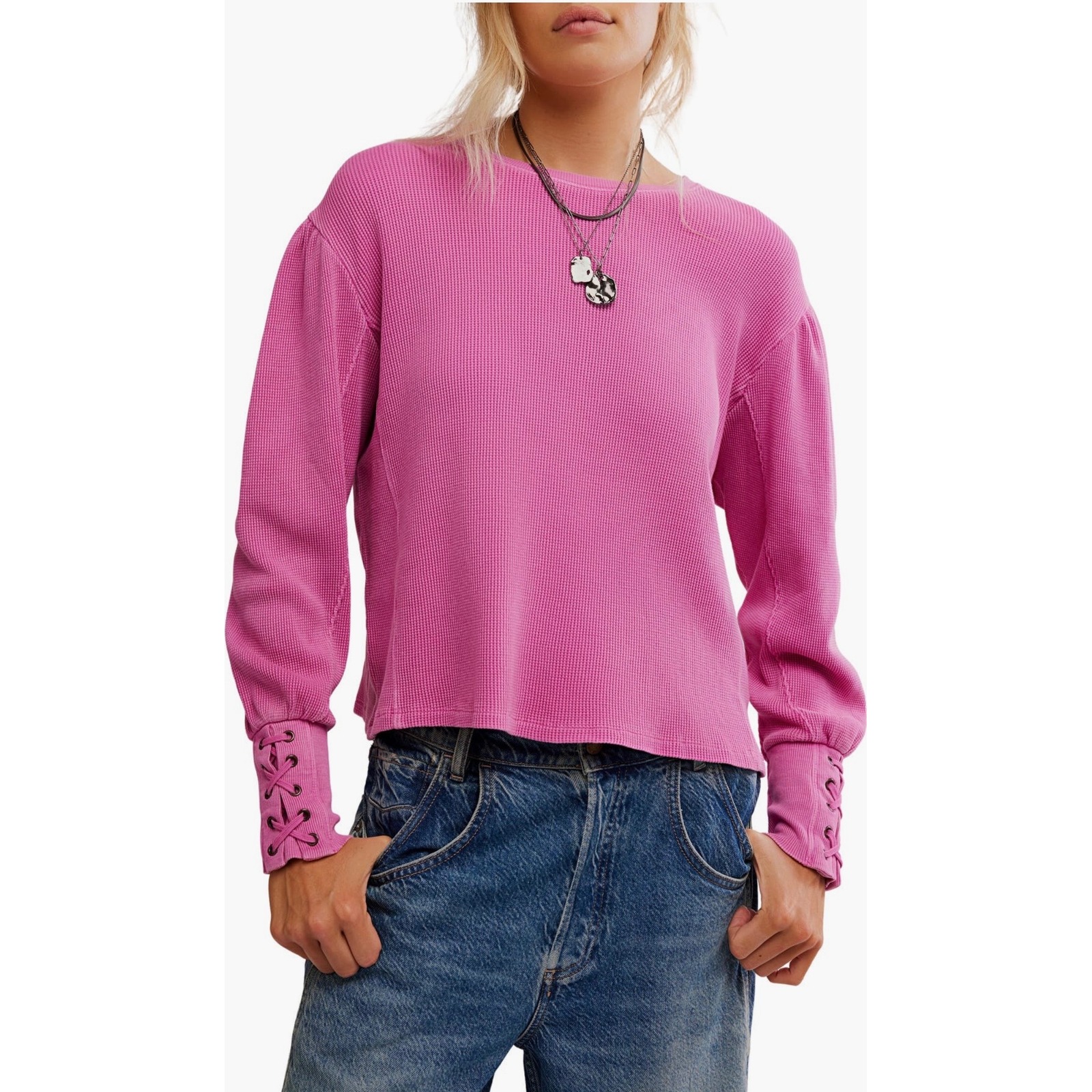 Free People We The Free Lapis Lace-Up Cuff Cotton Thermal Top Pink Size Large